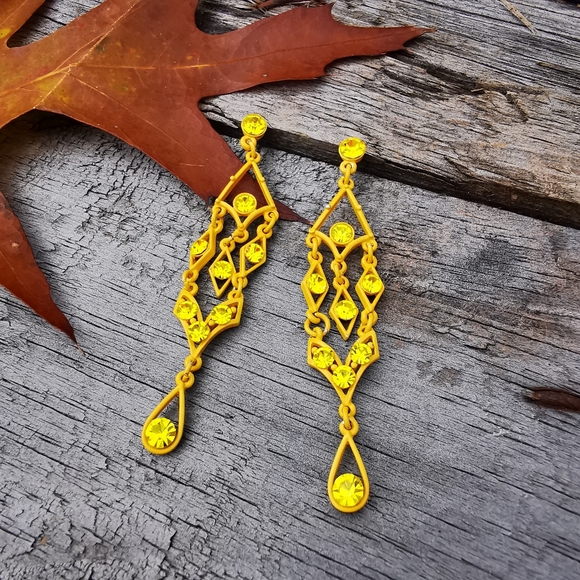Yellow Painted Metal Chandelier Post Earrings with Yellow Rhinestones - Picture 1 of 13